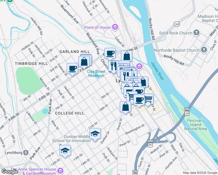 map of restaurants, bars, coffee shops, grocery stores, and more near 806 Court Street in Lynchburg