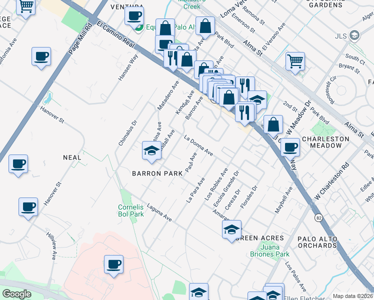 map of restaurants, bars, coffee shops, grocery stores, and more near 3766 La Donna Avenue in Palo Alto