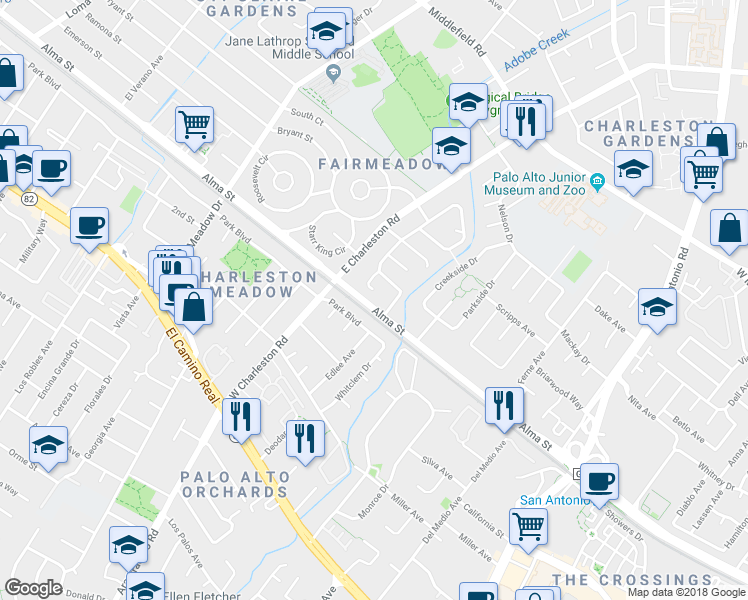 map of restaurants, bars, coffee shops, grocery stores, and more near 124 Lundy Lane in Palo Alto