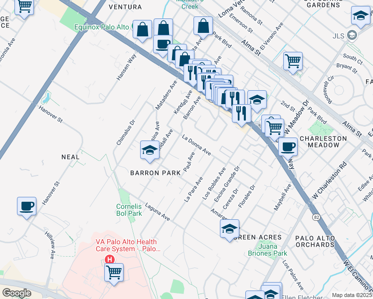 map of restaurants, bars, coffee shops, grocery stores, and more near 3766 La Donna Avenue in Palo Alto