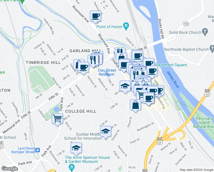 map of restaurants, bars, coffee shops, grocery stores, and more near 714 Madison Street in Lynchburg