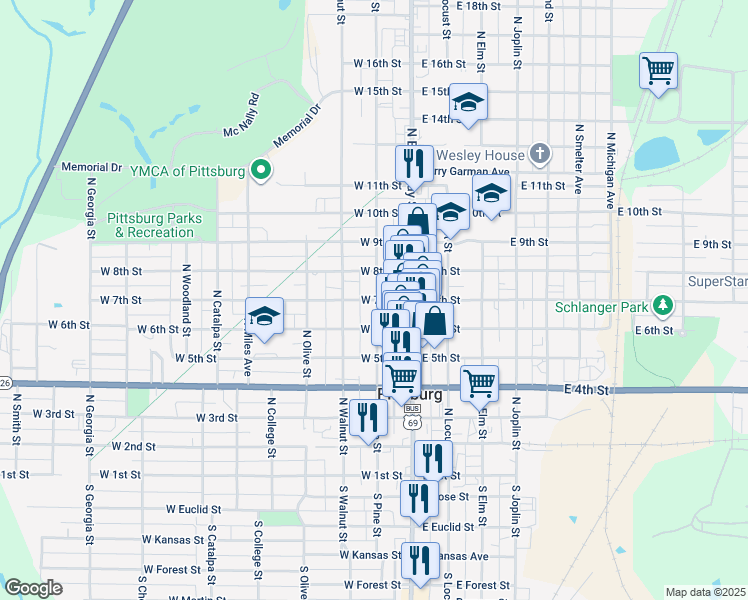 map of restaurants, bars, coffee shops, grocery stores, and more near 208 West 7th Street in Pittsburg