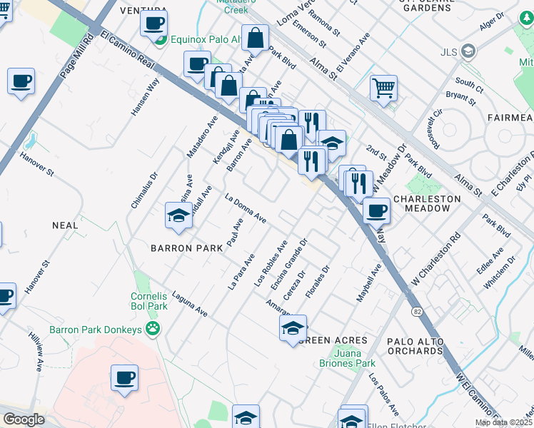 map of restaurants, bars, coffee shops, grocery stores, and more near 3883 La Donna Avenue in Palo Alto