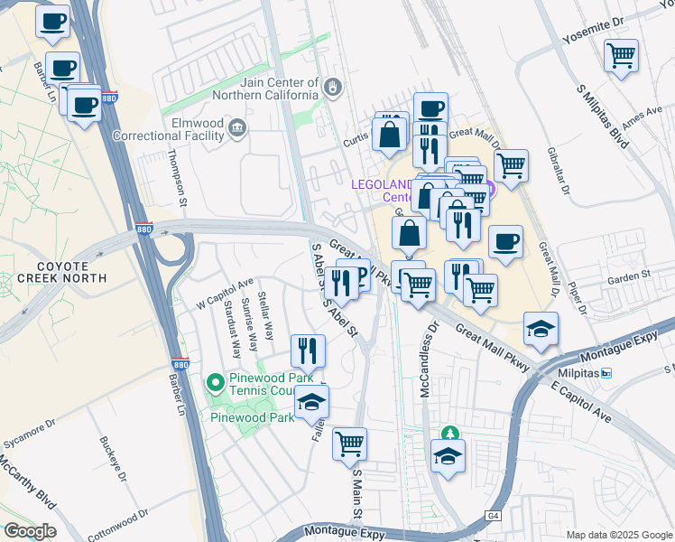 map of restaurants, bars, coffee shops, grocery stores, and more near 1102 South Abel Street in Milpitas