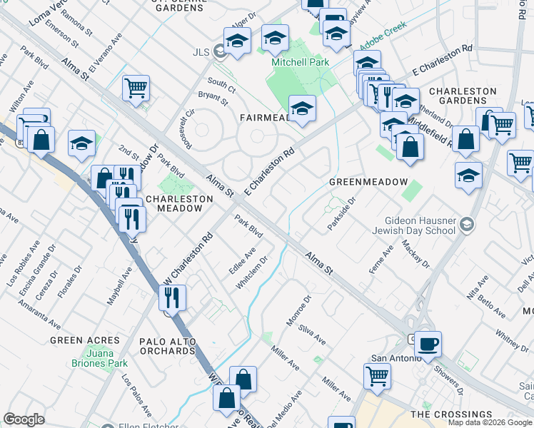 map of restaurants, bars, coffee shops, grocery stores, and more near 124 Lundy Lane in Palo Alto