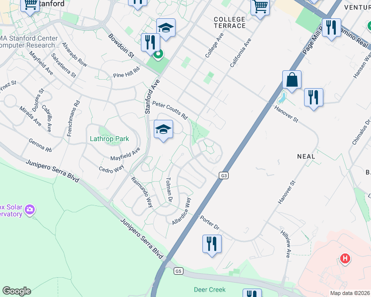 map of restaurants, bars, coffee shops, grocery stores, and more near 399 Peter Coutts Road in Stanford