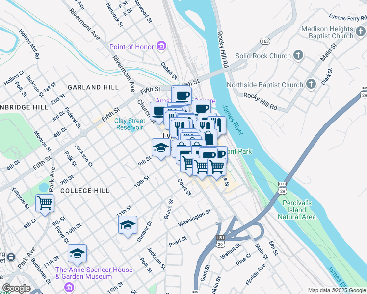 map of restaurants, bars, coffee shops, grocery stores, and more near in Lynchburg
