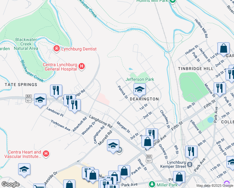 map of restaurants, bars, coffee shops, grocery stores, and more near 325 Bell Street in Lynchburg