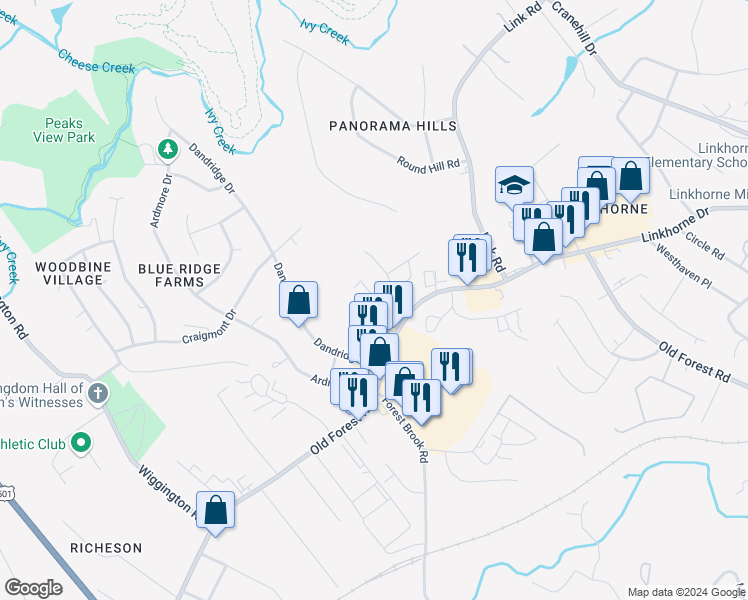 map of restaurants, bars, coffee shops, grocery stores, and more near 431 West Cadbury Drive in Lynchburg