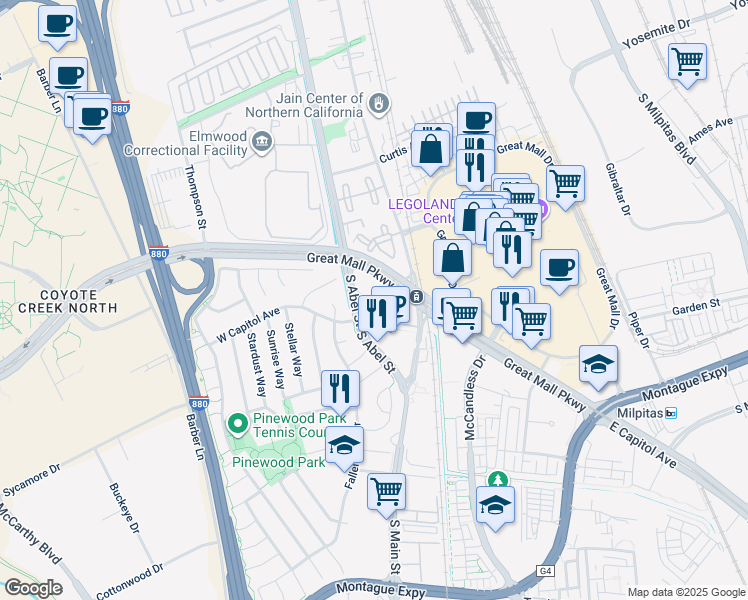 map of restaurants, bars, coffee shops, grocery stores, and more near 1102 South Abel Street in Milpitas
