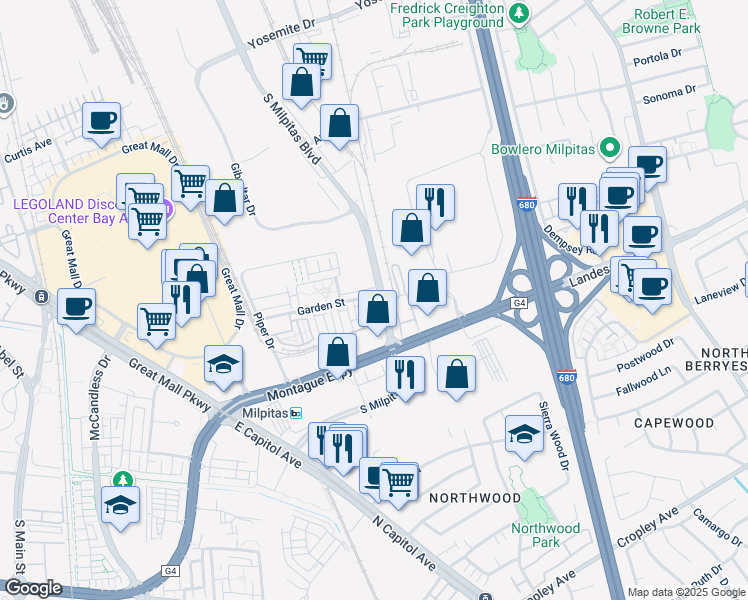 map of restaurants, bars, coffee shops, grocery stores, and more near 872 Garden Street in Milpitas
