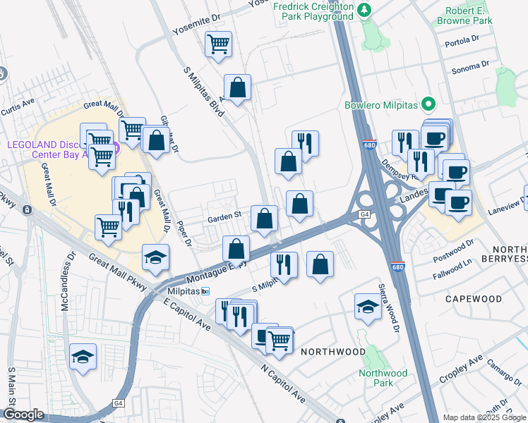 map of restaurants, bars, coffee shops, grocery stores, and more near 880 Garden Street in Milpitas