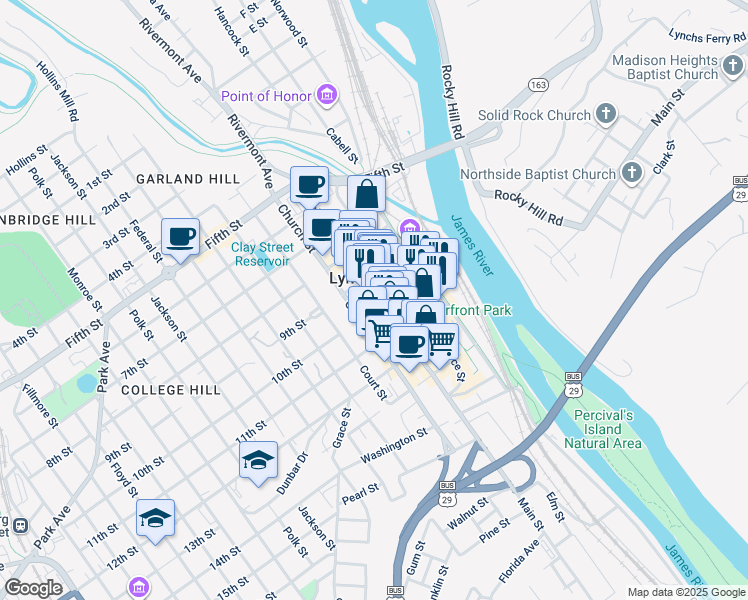 map of restaurants, bars, coffee shops, grocery stores, and more near in Lynchburg