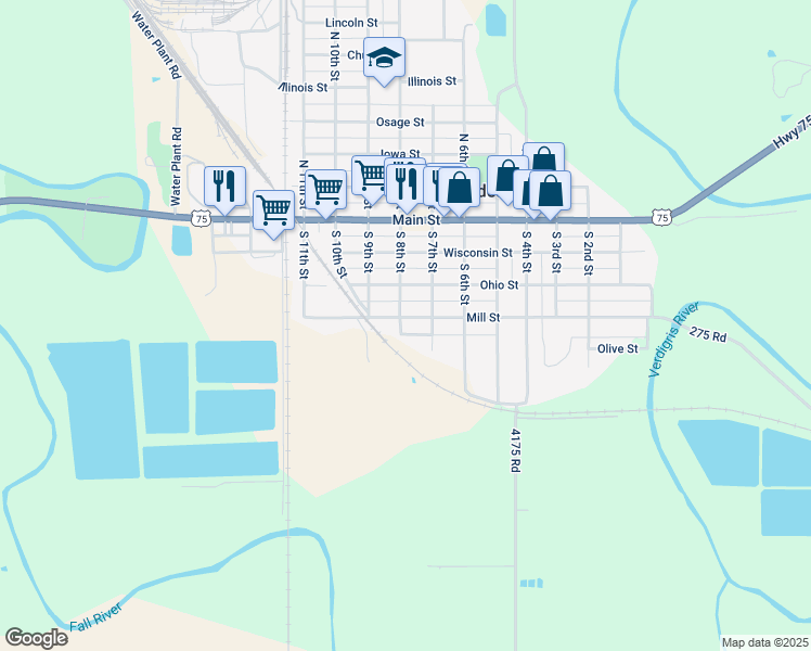 map of restaurants, bars, coffee shops, grocery stores, and more near 700-798 Mill Street in Neodesha