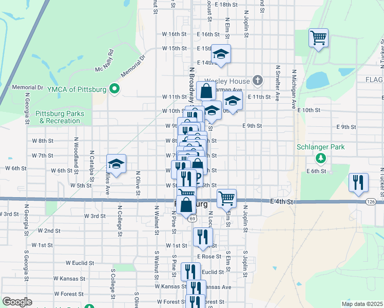 map of restaurants, bars, coffee shops, grocery stores, and more near 707 North Broadway in Pittsburg