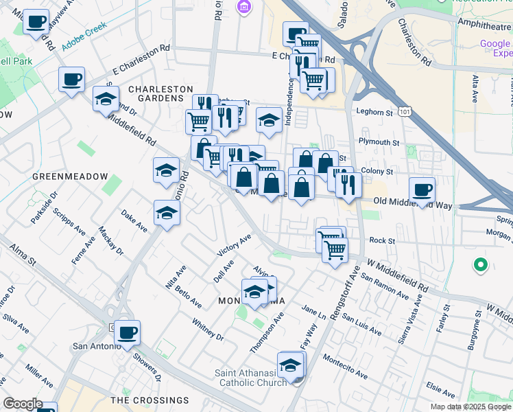 map of restaurants, bars, coffee shops, grocery stores, and more near 2455 Old Middlefield Way in Mountain View