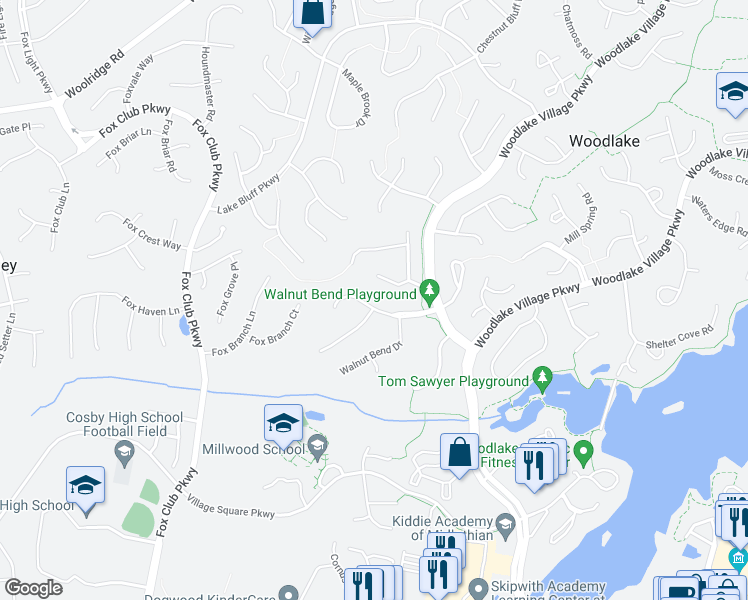 map of restaurants, bars, coffee shops, grocery stores, and more near 15000 Walnut Bend Road in Midlothian