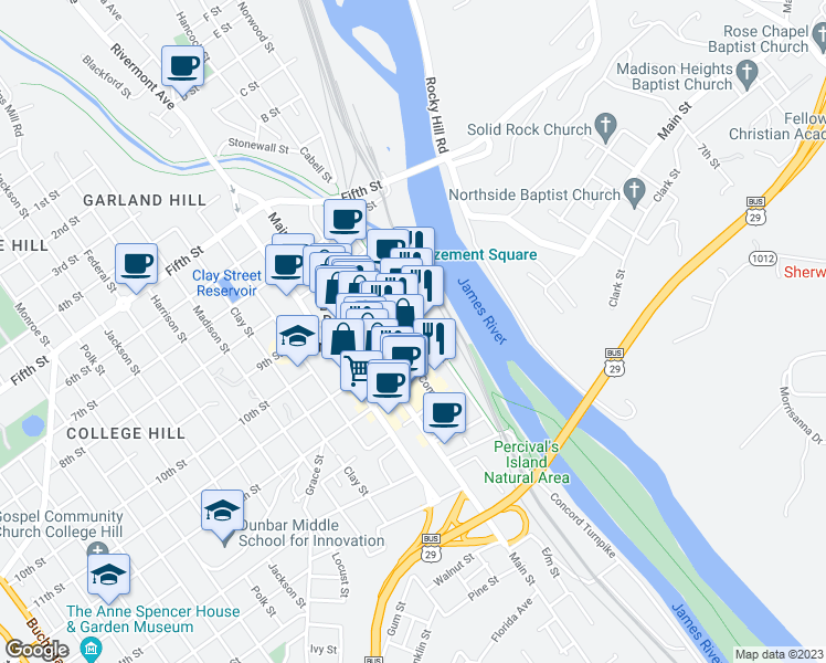 map of restaurants, bars, coffee shops, grocery stores, and more near 51 11th Street in Lynchburg