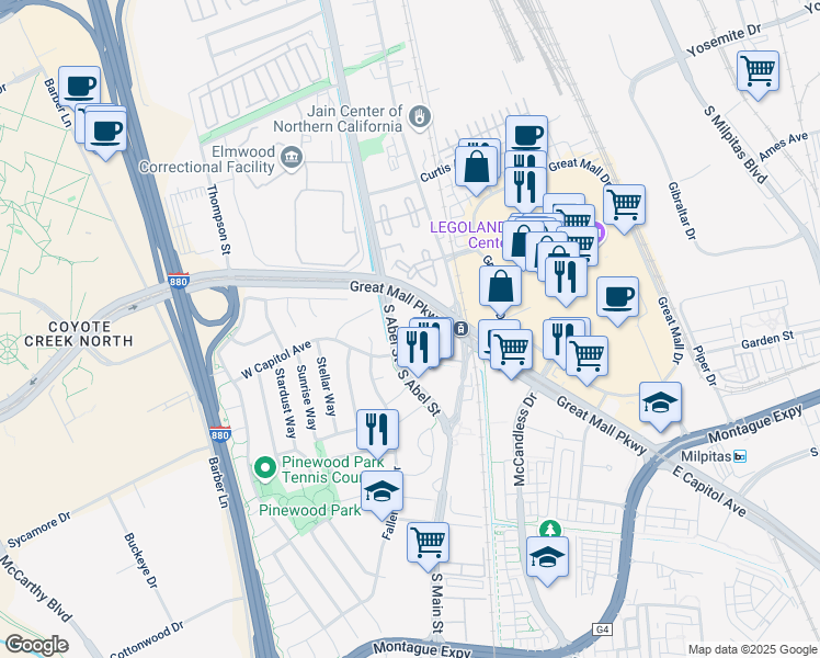 map of restaurants, bars, coffee shops, grocery stores, and more near 1102 South Abel Street in Milpitas