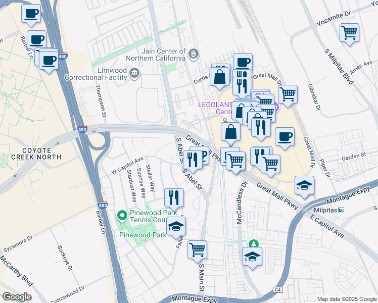 map of restaurants, bars, coffee shops, grocery stores, and more near 1102 South Abel Street in Milpitas