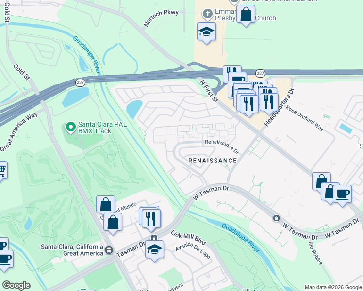 map of restaurants, bars, coffee shops, grocery stores, and more near 4220 Renaissance Drive in San Jose