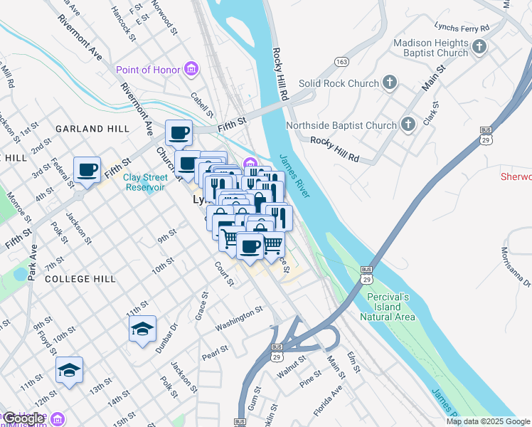 map of restaurants, bars, coffee shops, grocery stores, and more near 1000 Commerce Street in Lynchburg