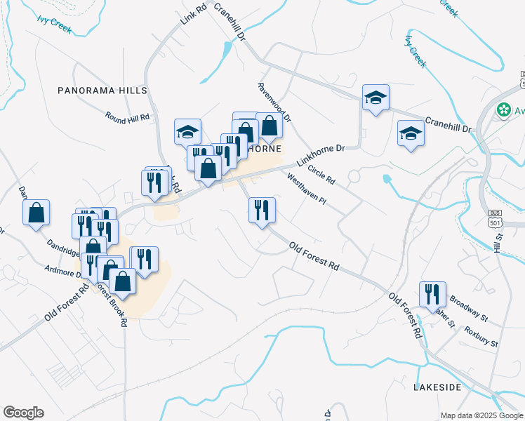 map of restaurants, bars, coffee shops, grocery stores, and more near 3208 Leslie Street in Lynchburg