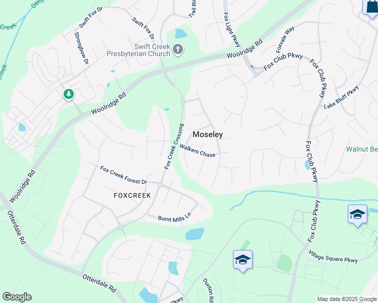 map of restaurants, bars, coffee shops, grocery stores, and more near 16007 Walkers Chase in Moseley