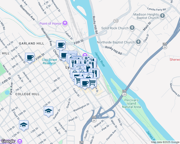 map of restaurants, bars, coffee shops, grocery stores, and more near 1000 Commerce Street in Lynchburg