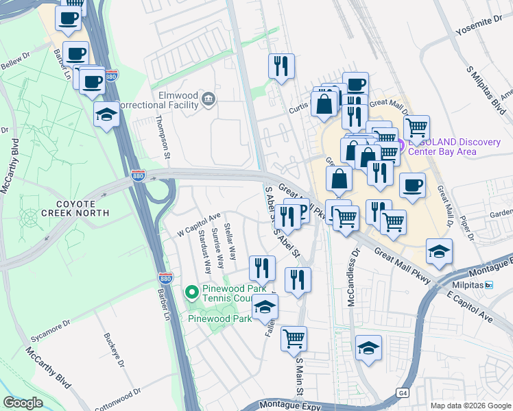 map of restaurants, bars, coffee shops, grocery stores, and more near 151 Evening Star Court in Milpitas