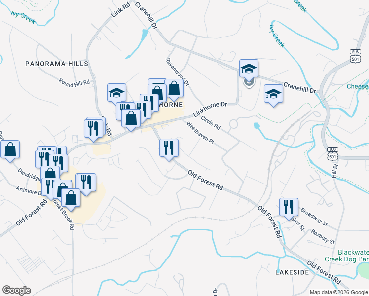 map of restaurants, bars, coffee shops, grocery stores, and more near 3208 Leslie Street in Lynchburg