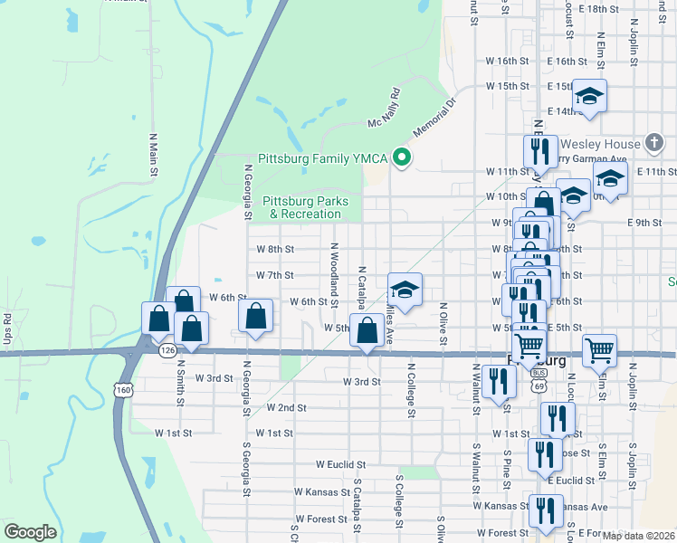 map of restaurants, bars, coffee shops, grocery stores, and more near 706 North Woodland Street in Pittsburg
