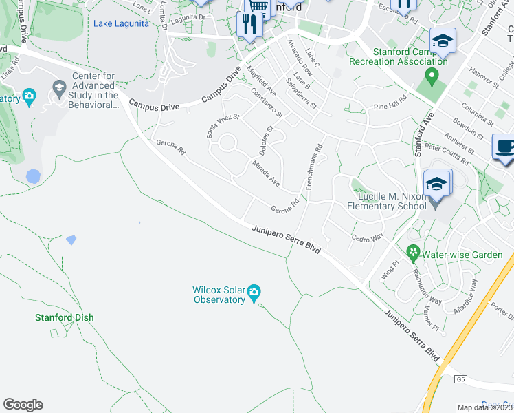 map of restaurants, bars, coffee shops, grocery stores, and more near 610 Gerona Road in Stanford