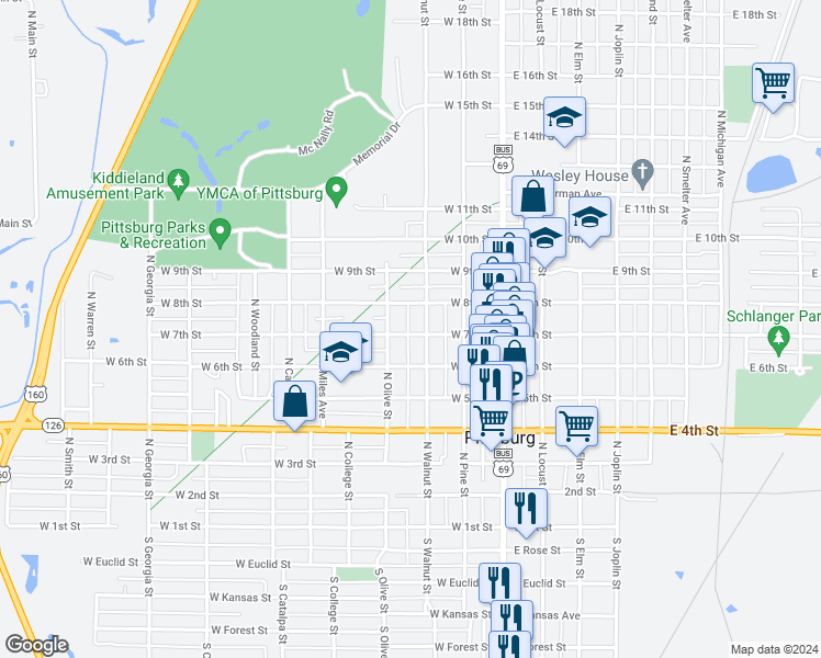 map of restaurants, bars, coffee shops, grocery stores, and more near 304 West 7th Street in Pittsburg