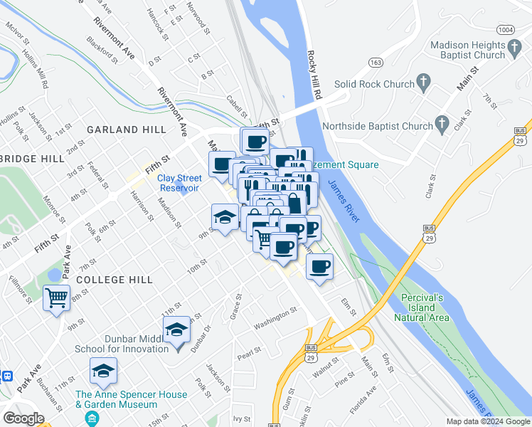 map of restaurants, bars, coffee shops, grocery stores, and more near 922 Main Street in Lynchburg