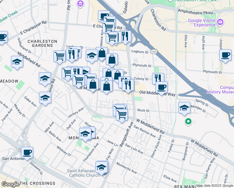 map of restaurants, bars, coffee shops, grocery stores, and more near 2243 Old Middlefield Way in Mountain View