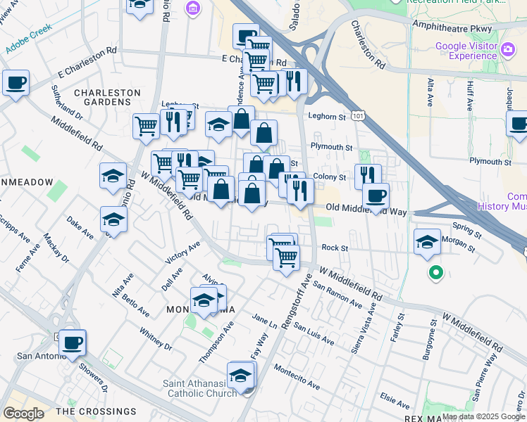 map of restaurants, bars, coffee shops, grocery stores, and more near 2243 Old Middlefield Way in Mountain View