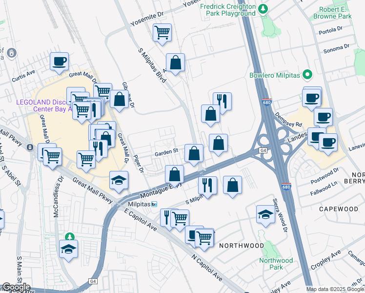 map of restaurants, bars, coffee shops, grocery stores, and more near 855 Pepper Place in Milpitas