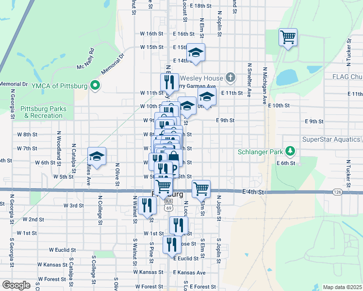 map of restaurants, bars, coffee shops, grocery stores, and more near 701 North Locust Street in Pittsburg