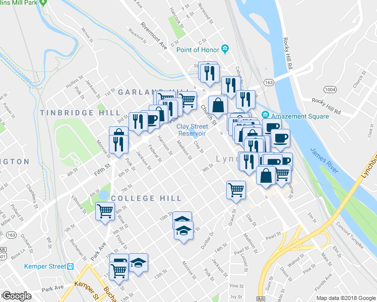 map of restaurants, bars, coffee shops, grocery stores, and more near 706 Madison Street in Lynchburg