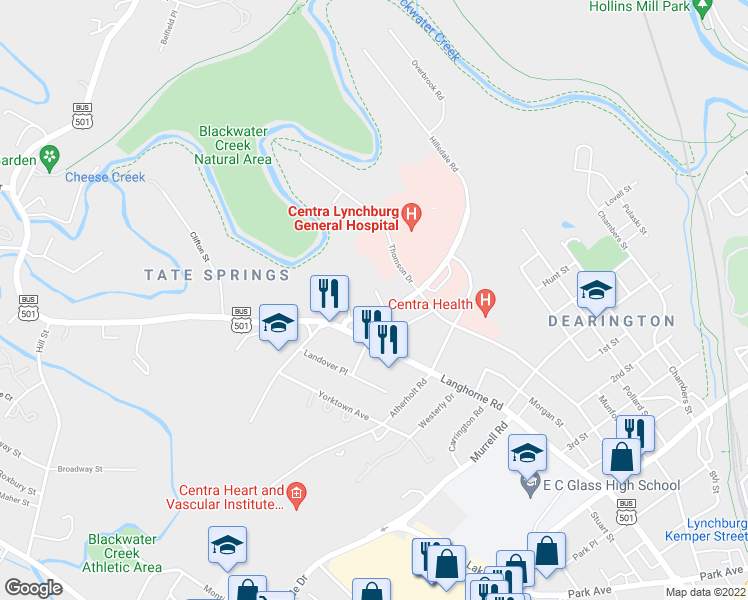 map of restaurants, bars, coffee shops, grocery stores, and more near 2019 Tate Springs Road in Lynchburg