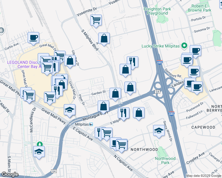 map of restaurants, bars, coffee shops, grocery stores, and more near 855 Pepper Place in Milpitas
