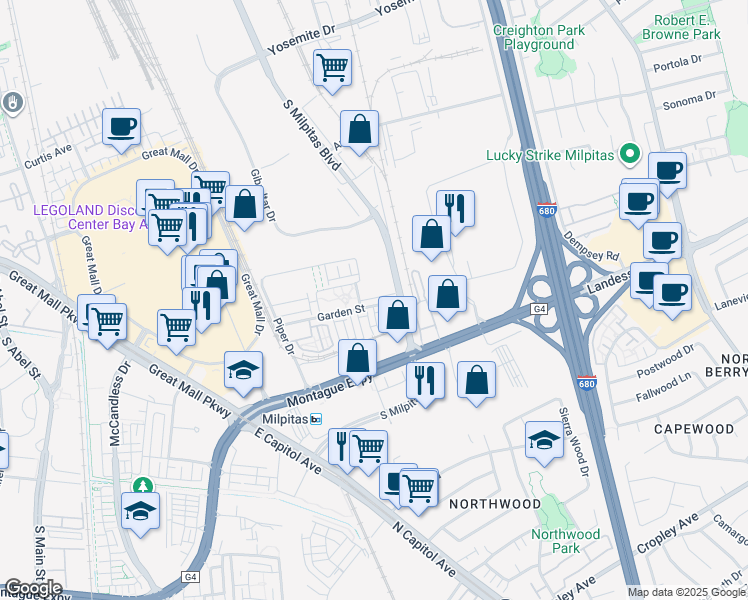 map of restaurants, bars, coffee shops, grocery stores, and more near 855 Pepper Place in Milpitas