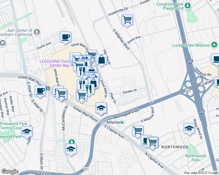 map of restaurants, bars, coffee shops, grocery stores, and more near 1296 Piper Drive in Milpitas