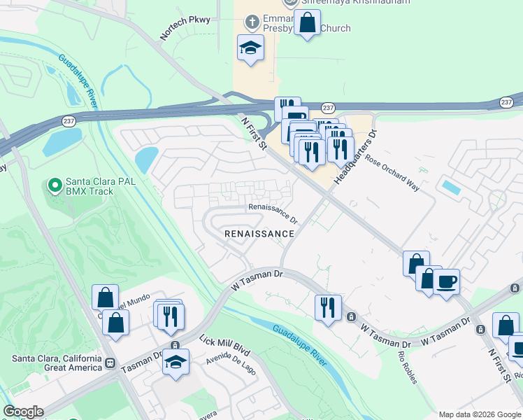 map of restaurants, bars, coffee shops, grocery stores, and more near 4313 Verdigris Circle in San Jose