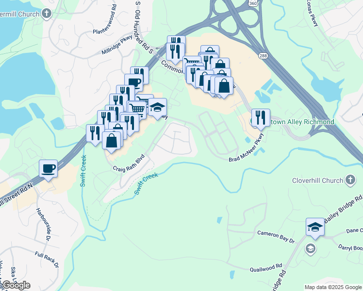 map of restaurants, bars, coffee shops, grocery stores, and more near 12907 Crowne Ridge Loop in Midlothian