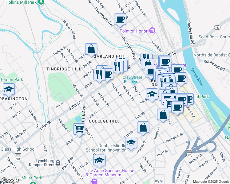 map of restaurants, bars, coffee shops, grocery stores, and more near 601 Harrison Street in Lynchburg