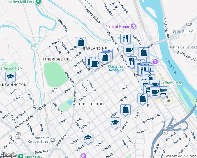 map of restaurants, bars, coffee shops, grocery stores, and more near 601 Harrison Street in Lynchburg