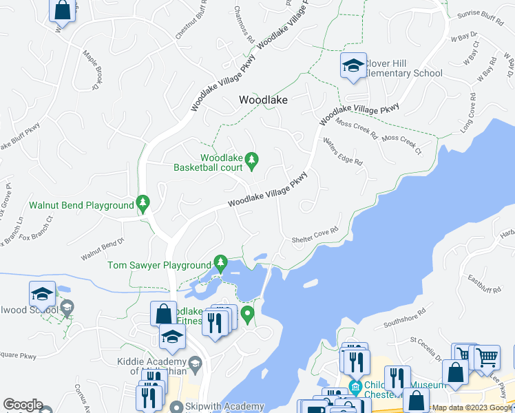 map of restaurants, bars, coffee shops, grocery stores, and more near 14602 Duck Cove Court in Midlothian