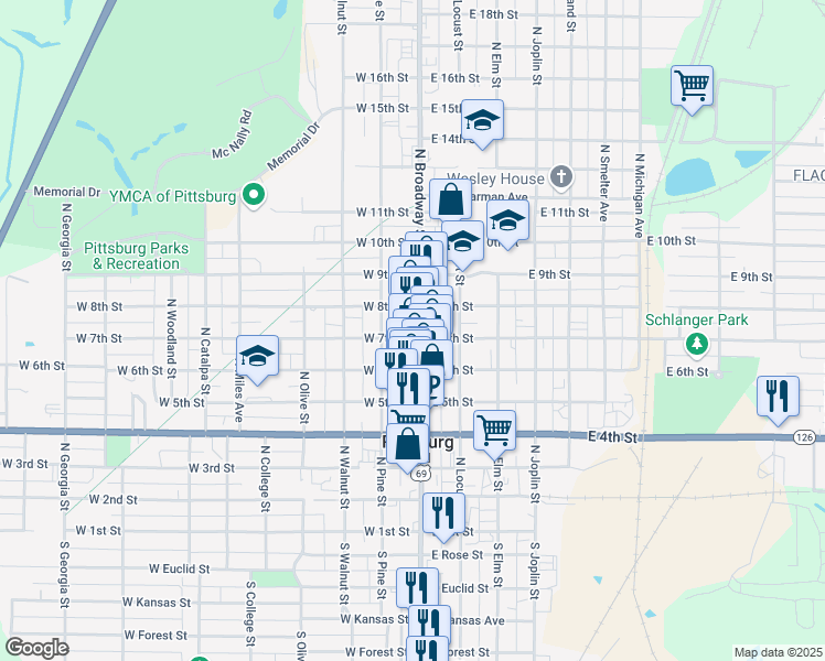 map of restaurants, bars, coffee shops, grocery stores, and more near 707 North Broadway Street in Pittsburg
